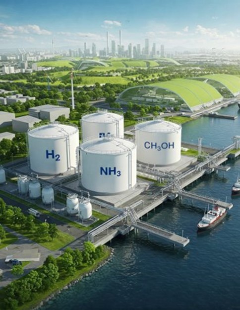 Illustration of a port energy hub featuring storage tanks for hydrogen (H₂), ammonia (NH₃) and methanol (CH₃OH) with adjacent waterfront handling infrastructure.